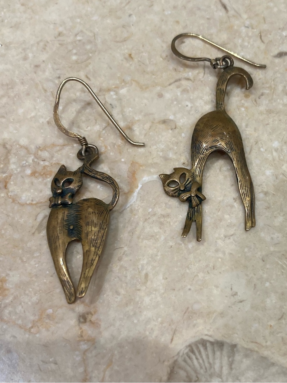 Vintage Brass Cat Dangle Earrings, Gold Tone